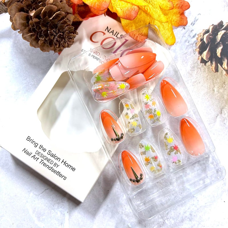 CJDLTS Thanksgiving Day Press on Nails Almond Tip Maple Leaf False Nail Full Cover Glossy Gradient Stick on Nail Acrylic Rhinestones Artificial Fingernails Fall Festival Glue on Nails for Women 24Pcs - Image 5